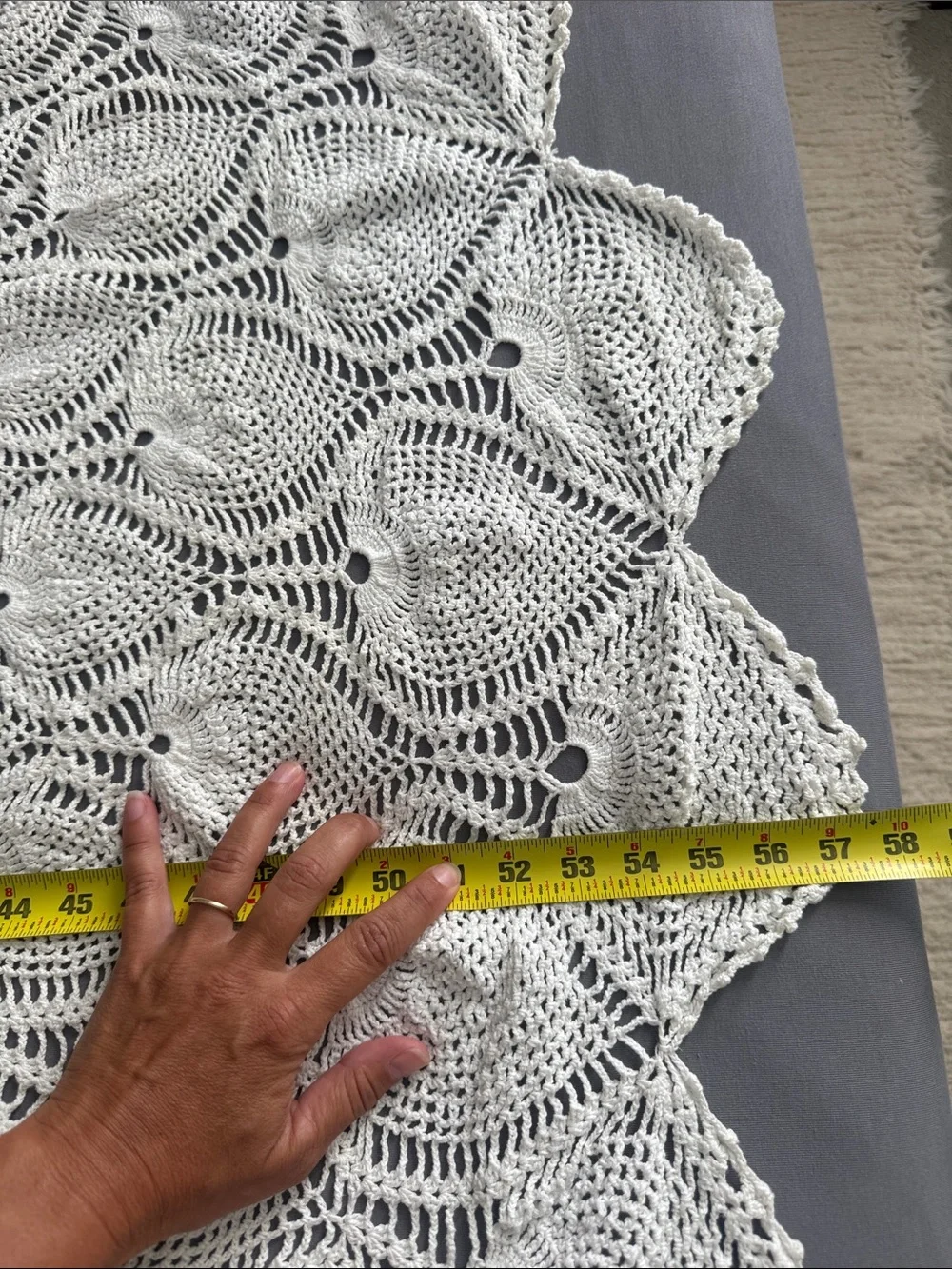 Handmade White Crochet Round Lace Tablecloth / Doily 57x61”